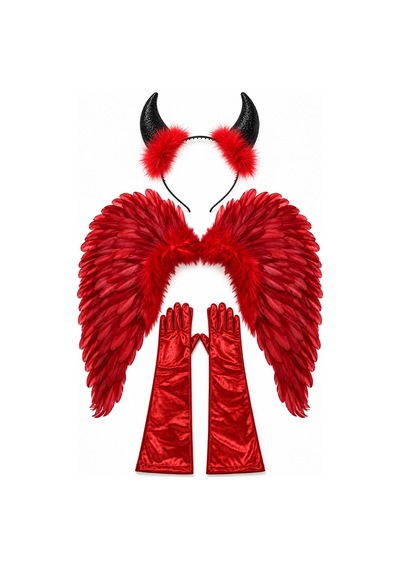 Halloween Kırmızı Tüylü Melek Kanadı Şeytan Tacı Saten Eldiven 3'lü Kostüm Seti Cadılar Bayramı