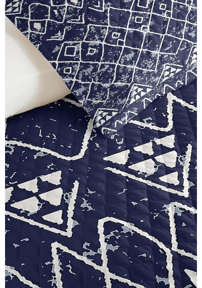 Lacivert Geometrik Genç Odası Tek Kişilik Pike Takımı - Bohem Beyaz 160x220 Cm Kapitone Yatak Örtüsü Kışlık Perde Hissi