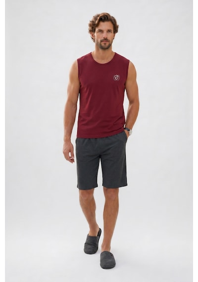 Tudors Erkek Standart Fit Normal Kesim Kısa Kollu Pamuklu Baskılı Bordo Gri Pijama Takımı-51145