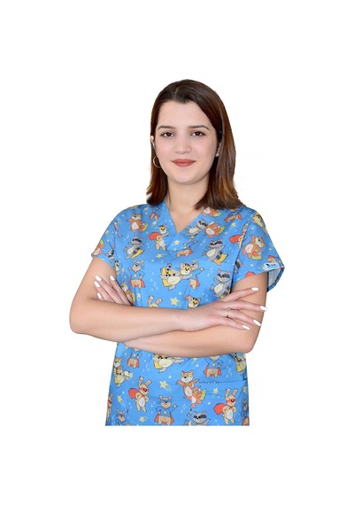 Unisex Master Likra Maskeli Kedi Temalı Pamuklu Likralı Scrubs Tek Üst Forma Karışık Karışık