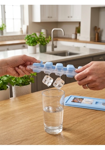 House More Kapaklı Buz Kalıbı - Silikon Tabanlı Kolay Çıkarılabilir Hazneli 4 Renk Seçenekli Mavi