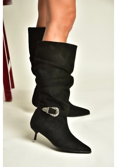 Fox Shoes Z726105702 Siyah Süet İnce Topuklu Büzgülü Kadın Çizme