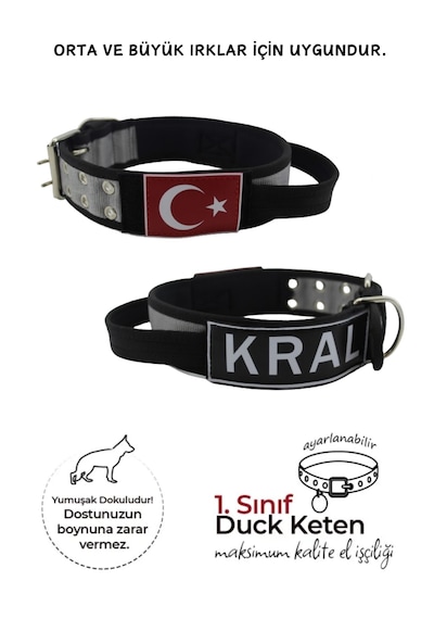 İsimli Bayraklı Elcikli Yumuşak Köpek Boyun Tasması Gri Gri - Siyah