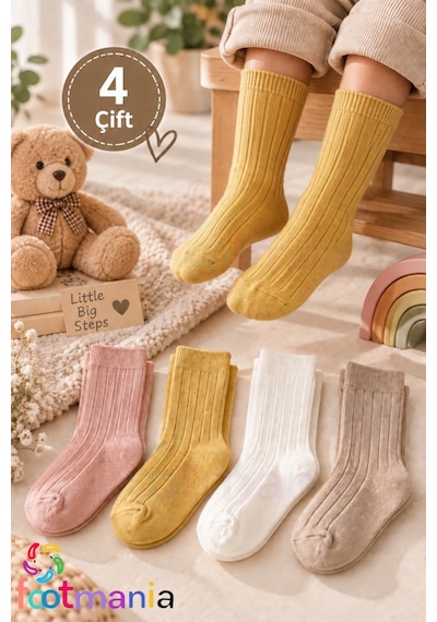 Footmania 4 Çift Soket Çocuk Dizaltı Fitilli Renkli Çorap Seti Extra Yumuşak Çok Renkli
