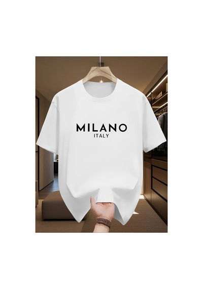 Caddemia Şık Gündelik Bol İtalyan Tarzı Milan Harfli Baskılı Yuvarlak Yakalı Kı Beyaz 2XL