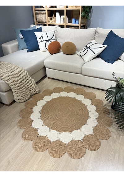 Mavaux Hasır Jüt Çiçek Desenli Kilim Halı Krem - Bej