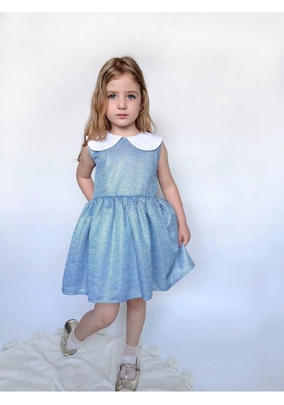Linola Baby Kids Shiny Simli Bebe Yakalı Çocuk Elbisesi Mavi