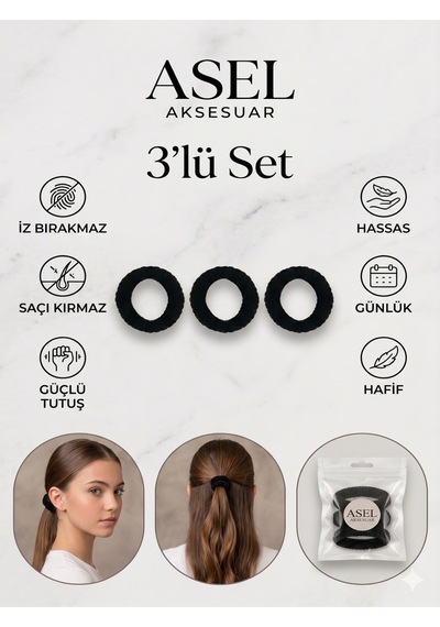 3'lü Set Siyah Renk Saçı Kırmayan İz Bırakmaz Kalın Lastik Toka