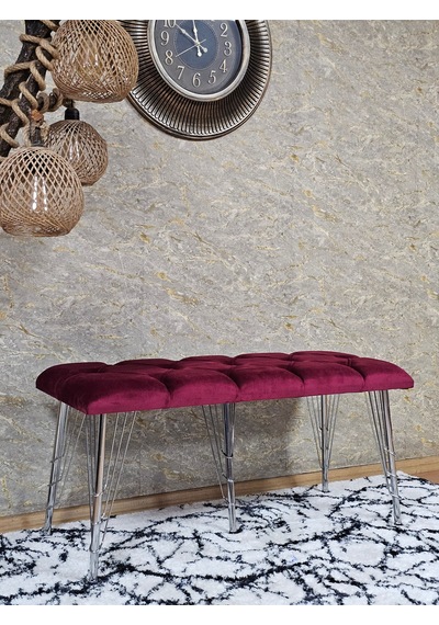 Zafir Metal Krom Tel Ayaklı 100 Cm Puf Bench - Puf - Bench - Oturak - Mutfak Oturağı - Antre Oturağı Bordo