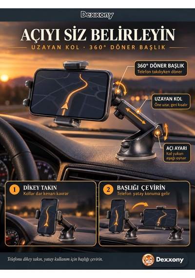 Dexxony A01 Araç İçi Telefon Tutucu Vantuzlu Torpido Ve Cam Uzayan Kol 360 Derece Döner Başlık