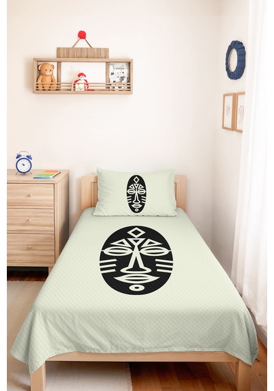 Etnik Minimal Krem Genç Odası Tek Kişilik Pike Takımı - Siyah Geometrik 160x220 Cm Yatak Örtüsü Ilık Yaprak Parıltısı