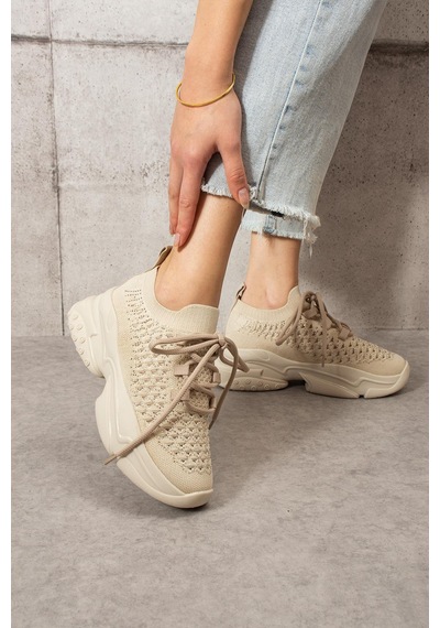 Shoetek Lorda Kadın Sneakers Bağcıklı Triko Dokumalı Spor Ayakkabı Bej Bej