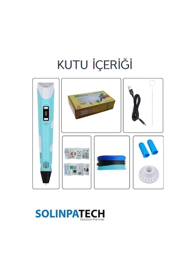 Mavi 3D Kalem 3D Pen 3 Boyutlu Yazıcı Kalem 3 Renk 9 Metre Filament + USB KABLO