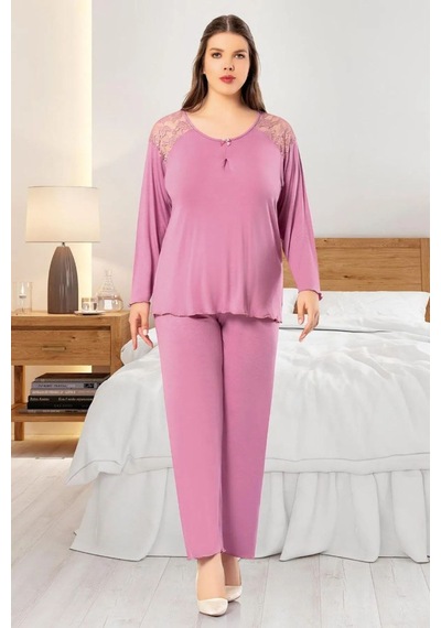 Faal 8804 Kadın Büyük Beden Uzun Kollu Dantel Detaylı Pijama Takım-gülkurusu GÜL KURUSU