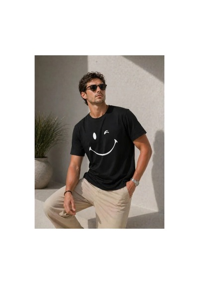 Butik İstanbul Erkek Minimal Gülümseyen Yüz Baskılı Tişört Kısa Kol Yazlık T-shirt - Siyah