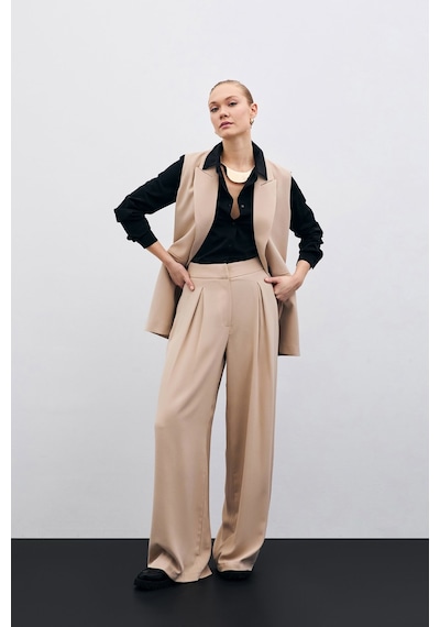 Sateen Yüksek Bel Bol Paça Pantolon - Bej-135631 Bej