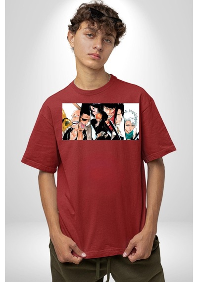Bleach Anime Pamuklu Bisiklet Yaka Unisex Oversize Boyfriend Dijital Baskılı Kırmızı T-shirt Kırmızı