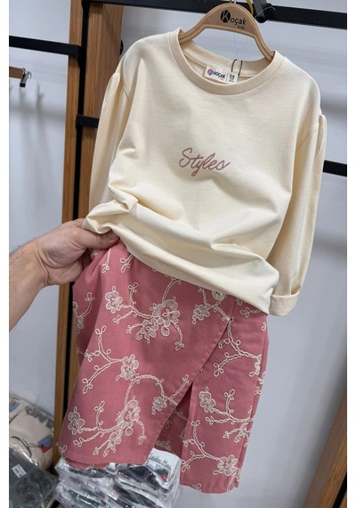 Koçak Kids Brode Desen Şort Etekli Pembe Renk Kız Çocuk Takım
