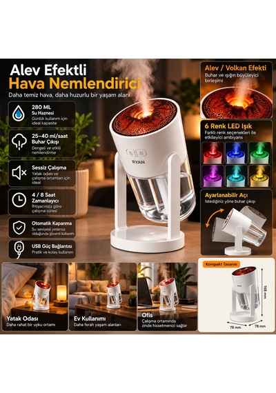 Alev Efektli Hava Nemlendirici 280 Ml Ultrasonik Sessiz Aroma Difüzör, Led Gece Lambası, Otomatik Kapanma-14925