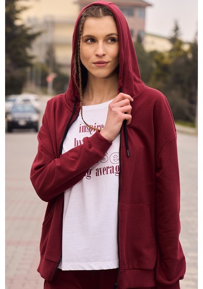 Defys Defy S Kadın Oversize Kapüşonlu Fermuarlı Cepli Sweatshirt Bordo - 527346818 Bordo