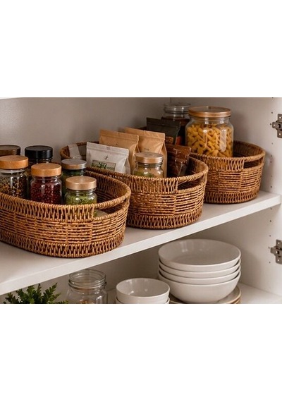 Üçlü Oval Rattan Sepet Açık Kahverengi