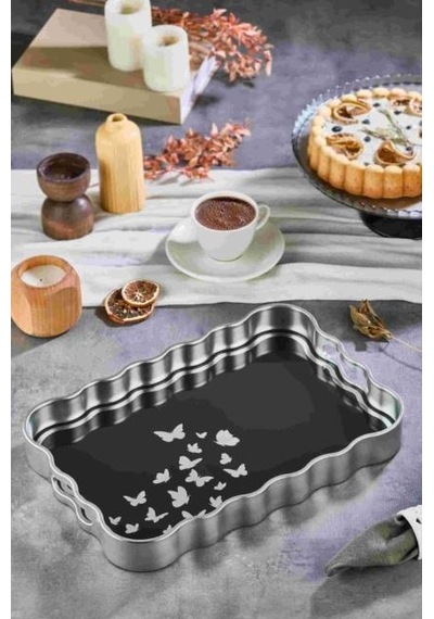 Dijital Baskılı Cam Servis Tepsisi Kelebek Motifli, 40x28 Cm Siyah