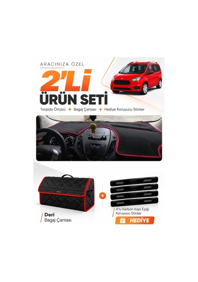 Ford Courier 2013-2020 Ekransız Uyumlu Torpido Örtüsü + Deri Çanta + Sticker - Siyah Kırmızı