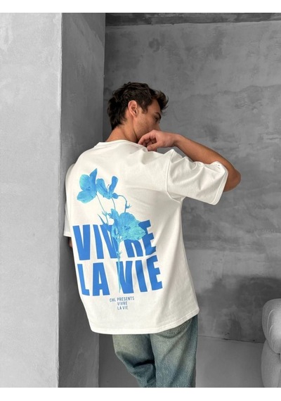 Erkek Ön Ve Arka Baskılı T-shirt Kısa Kol Bisiklet Yaka Regular Fit Tişört - Beyaz