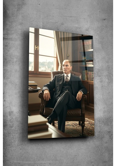 Atatürk Cam Tablo - Portre - Cam Tablo - Duvar Dekoru - Atatürk Portresi - Kaliteli Baskı Ata024 Atatürk Temalı Dekoratif Duvar Tablosu, Salon, Ofis Ve Çalışma Alanı Dekoru,