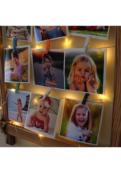 Ahşap Çerçeve Fotoğraf Çerçevesi Led Işıklı Ipli Renkli Mandallı Kahverengi
