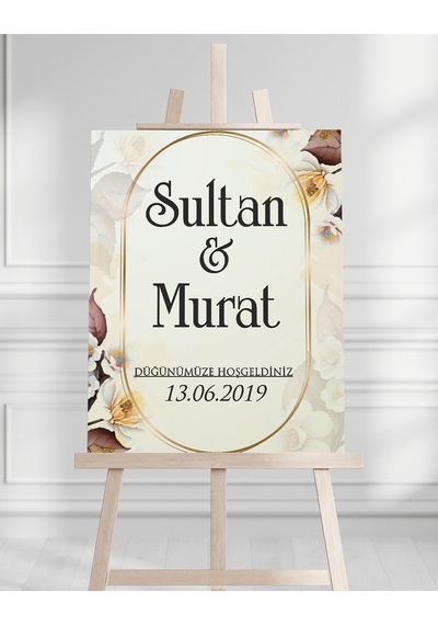 Söz Nişan Düğün İçin 50x70 Karşılama Panosu - Sarı Çiçek Desenli Beyaz
