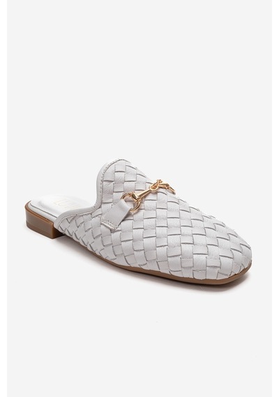 Luvishoes Senıa Beyaz Örgü Hakiki Deri Tokalı Önü Kapalı Kadın Terlik