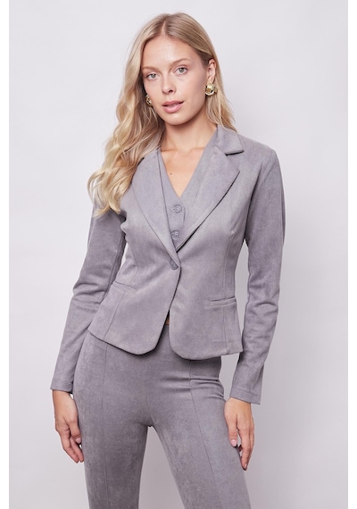 Kadın Kadife Likralı Yumuşak Dokulu Flato Cepli Uzun Kol Düğmeli Blazer Mono Ceket-gri Gri