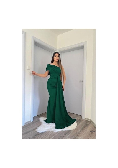 DefyModa Kadın Şık Tasarım Tek Omuz Kuyruklu Balık Kesim Abiye Elbise Zümrüt