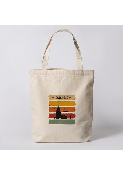 İstanbul Retro Desenli Bez Çanta - Pinterest Omuz Çantası, 35x40 Cm Çok Renkli