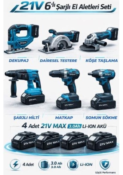 Drillpro Pro Xl 4 Akülü 2 Şarjlı Kömürsüz Vpower Profesyonel 6 Makine Kombo 6 Lı Set