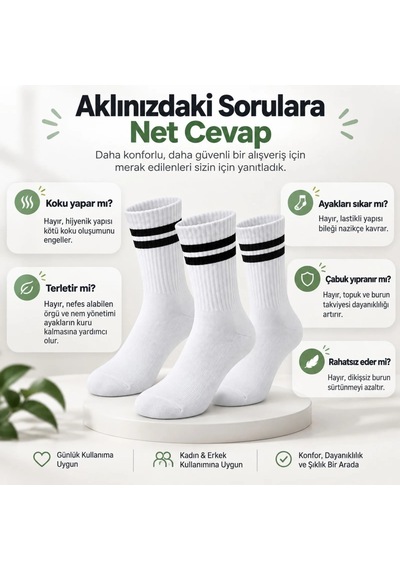Womanandkids Wak Unisex Beyaz Çorap Siyah Çizgili 3'lü Set Uzun Soket Günlük Spor Kolej Stil Rahat Kadın Erkek Ço
