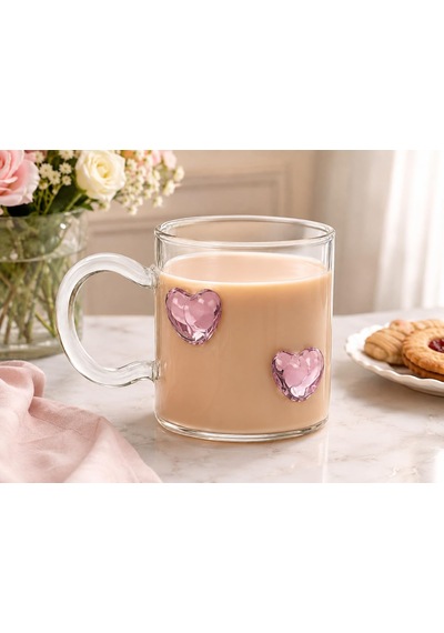 3d Pembe Kristal Kalp Figürlü Şeffaf Cam Kupa Romantik Kalp Kulplu Dekoratif Bardak çok renkli