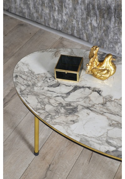 Zigon Sehpa Ve Orta Sehpa Elips Set Çift Gold Metal Beyaz Mermer Desen