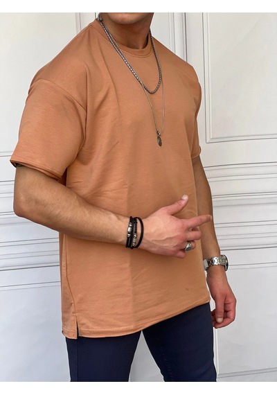 Modefendi Pamuk Likra Yırtmaç Detaylı 2 İplik Oversize Tshirt Hardal