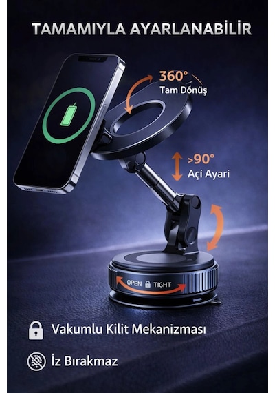 360 Ayarlanabilir Vakumlu Manyetik Telefon Tutucu Güçlü Mıknatıs, İz Bırakmaz Tasarım Çok Renkli