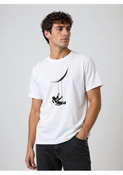 Novalisse Erkek Astronot Ay Temalı Tişört Kısa Kol Yazlık Bisiklet Yaka T-shirt - Beyaz Çoklu Renk