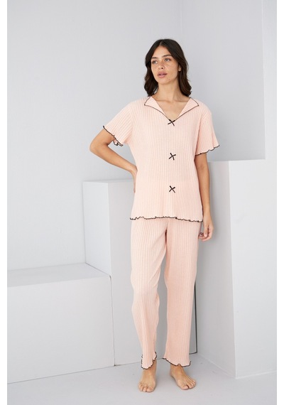 Siyah İnci Mevsimlik İnce Fiyonklu Pijama Takım7879 Somon