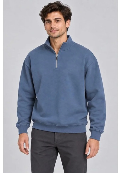 Butik İstanbul Erkek Üç İplik İçi Şardonlu Dik Yaka Yarım Fermuarlı Kışlık Sweatshirt - Mavi