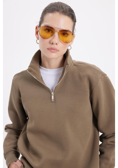 Tudors Kadın Relax Fit Rahat Kesim Pamuklu İçi Polarlı Yarım Fermuarlı Haki Dik Yaka Sweatshirt-42073 Haki