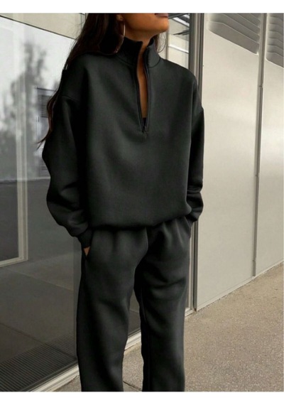 Basic Düz Fermuarlı Eşofman Takımı Sweatshirt Jogger - Siyah Oversize Şardonlu Dik Yaka Siyah Basic Düz Fermuarlı Eşofman Takımı Sweatshirt Jogger - Siyah Oversize Şardonlu Dik Yaka Siyah