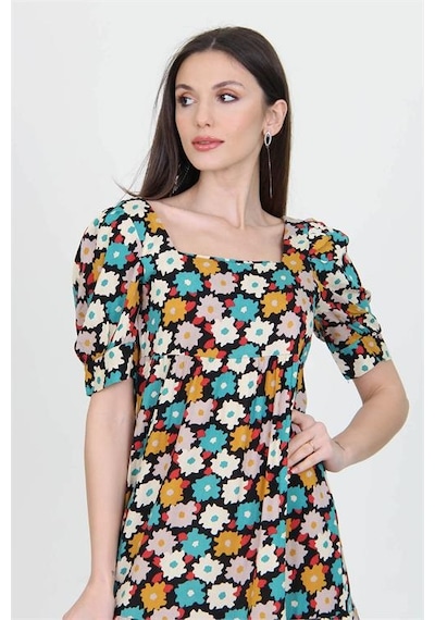 Neşeli Butik Kadın Turkuaz Kare Yaka Eteği Fırfırlı Çiçek Desenli Viskon Elbise Nb10026 Turkuaz