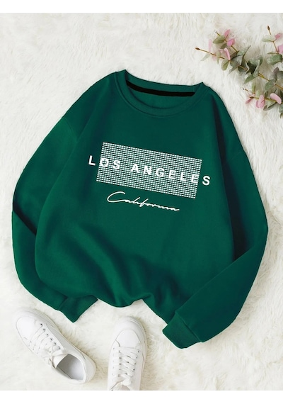 Startmore Haki Unisex Kadın/erkek Detaylı Los Angeles Özel Baskılı Renkli Oversize Bisiklet Yaka Pamuklu