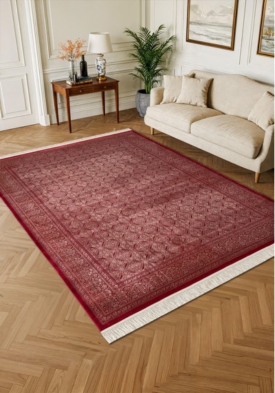 Imperial Luxe Il007j Kırmızı Çerçeveli Halı Klasik Desen 100 Tarak Bambu Viskon İpek Serisi-714 Kırmızı