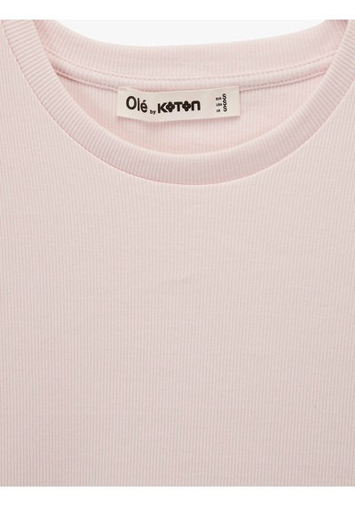 Koton Slim Fit Kısa Kollu Bisiklet Yaka Balon Peplum Tişört Pembe 6sal10578ık Gül